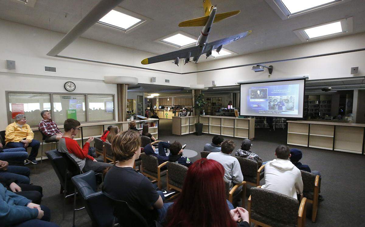 Richland high students sit in the school’s library listening to a question and answer session conducted by astronaut and U.S. Army Col. Andrew Morgan in a live two-way broadcast from the International Space Station. Watch a video at tricityherald.com/videos