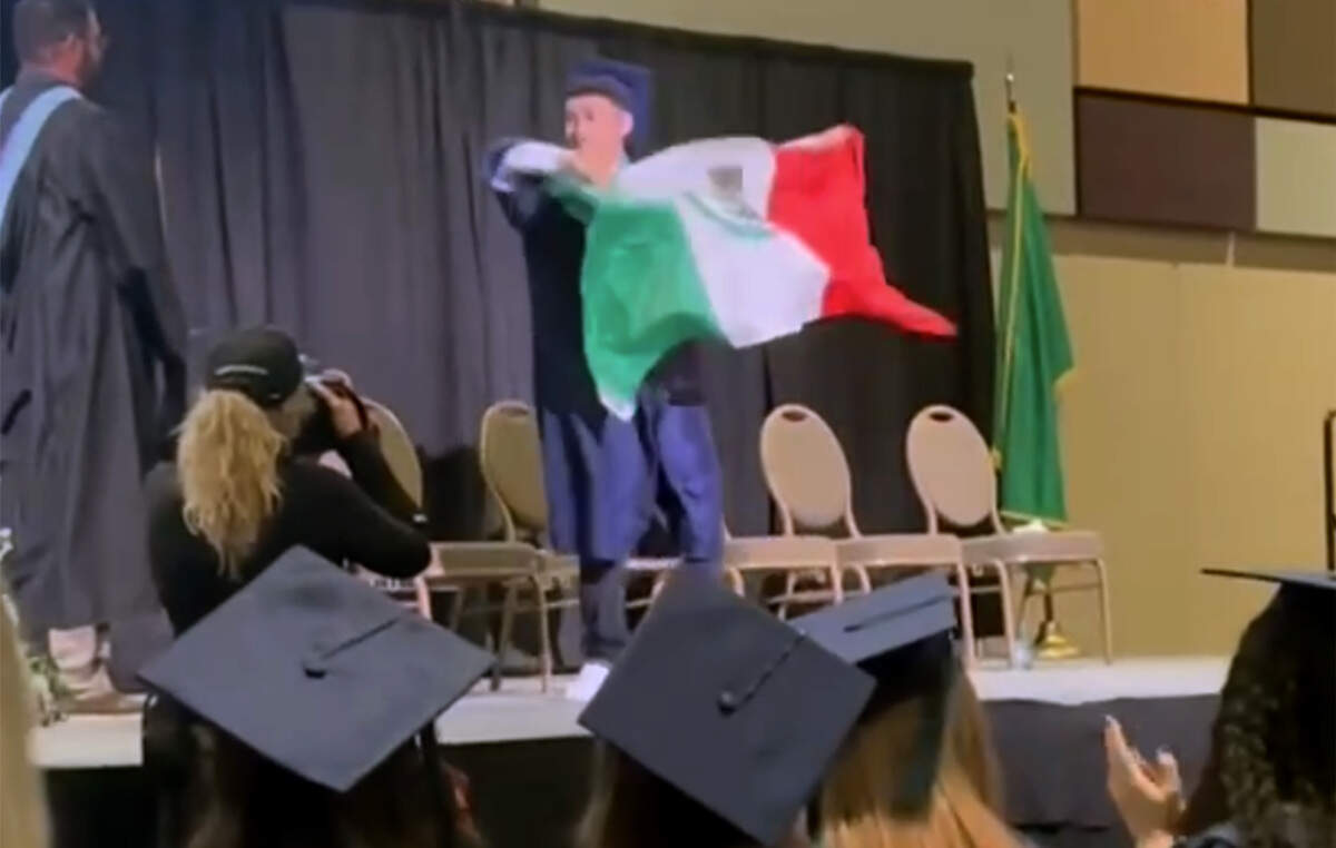 Legacy High School 2026 graduate Eduardo Birrueta says the Kennewick School District clipped him out of the commencement video after he unfurled and waved a Mexican flag while receiving his diploma.