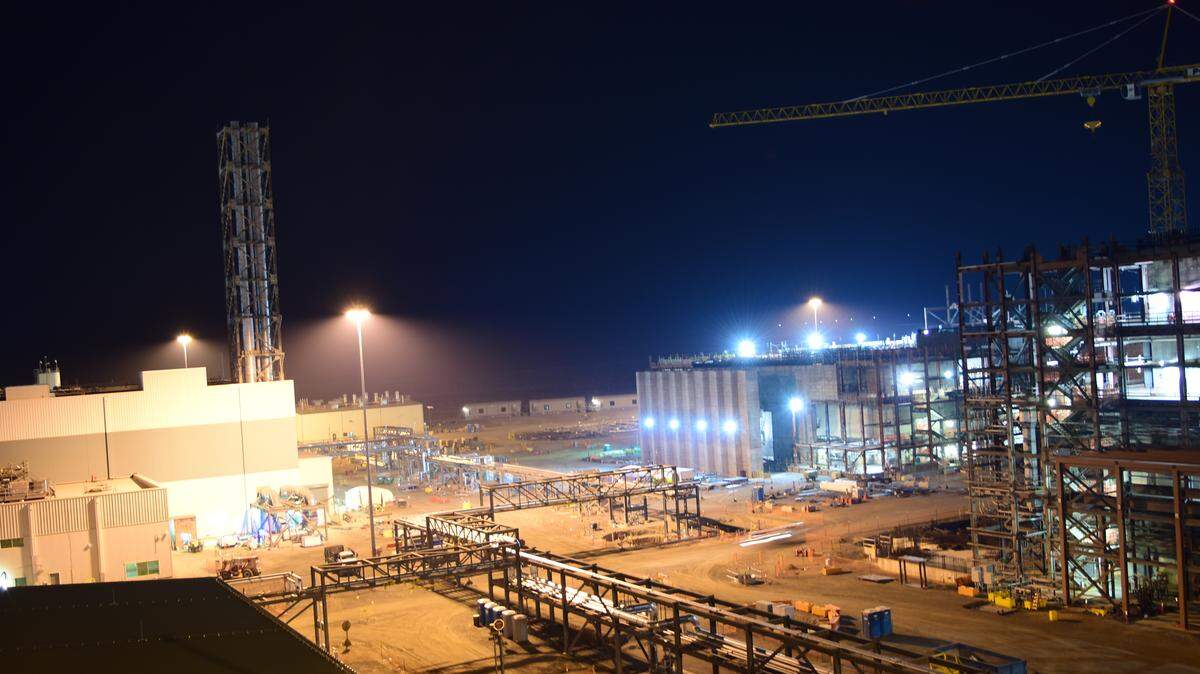The Hanford nuclear reservation's vitrification plant is shown at night. A study of how volcanic ashfall would affect the plant is close to completion.