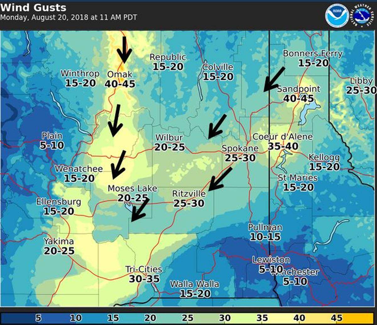 Wind gusts from the north of 30 to 35 mph were forecast for the Tri-Cities on Monday.