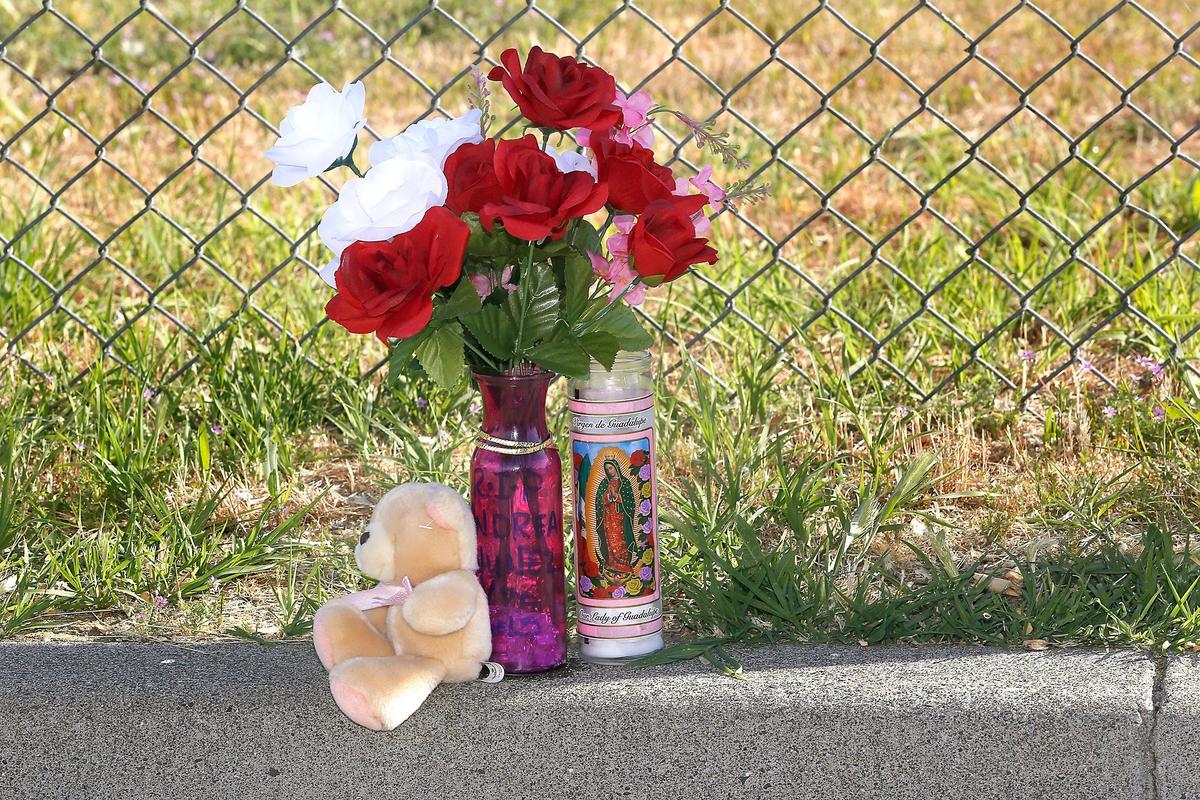 A memorial to fatal shooting victim Andrea Nunez, 20, sits on the curb Tuesday morning near the crime scene on East 7th Avenue in Kennewick.