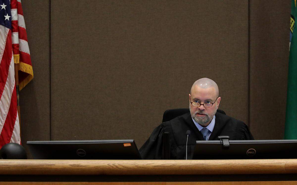 Superior Court judge Samuel Swanberg presides over a mid-February, 2024 hearing recently in Benton County at the Benton County Justice Center in Kennewick.