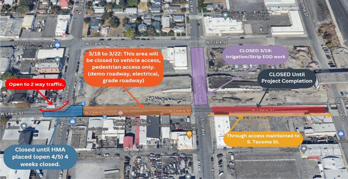 This map provided by the City of Pasco shows downtown roadway closures caused by the ongoing Lewis Street overpass project. On Feb. 26, the city closed five blocks of Lewis Street for two months to realign the roadway from the closed underpass onto the new overpass.