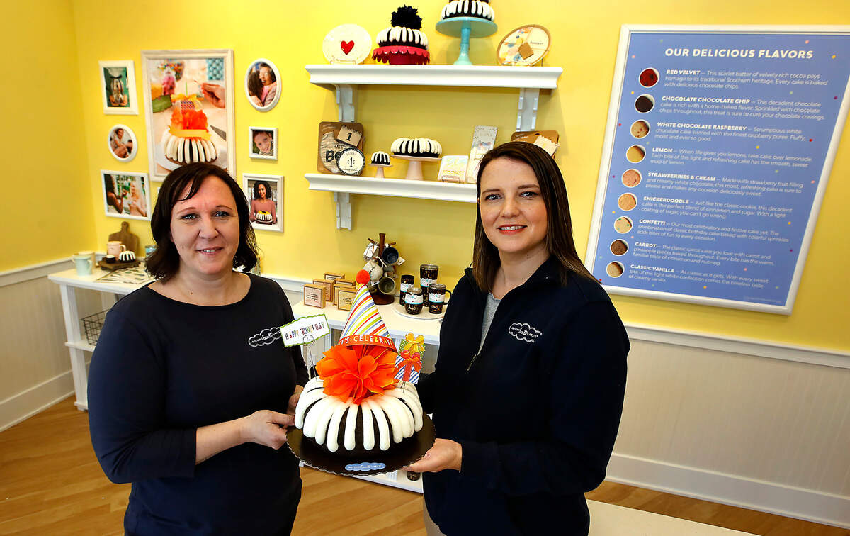 Julie Zirker, left, and Julie Dawes, franchise owners of Nothing Bundt Cakes, stand in the new bakery they are preparing to open June 25 at 110 Gage Boulevard in Richland.