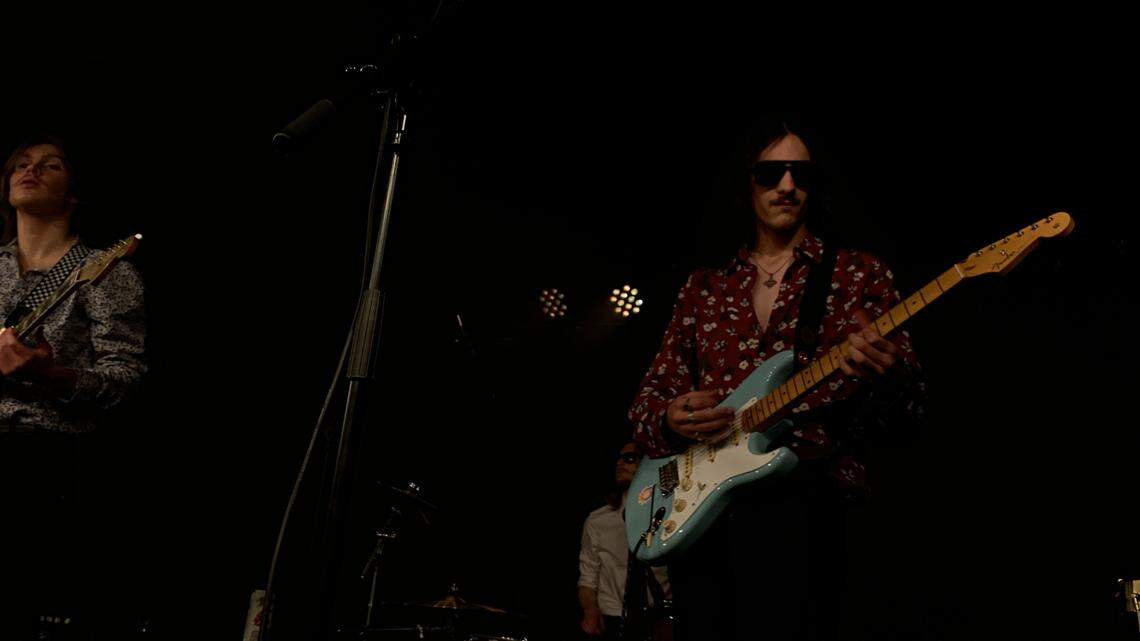 Luke Vesely, right, on lead guitar for easyday onstage at Ray’s Golden Lion on February 9, 2024.