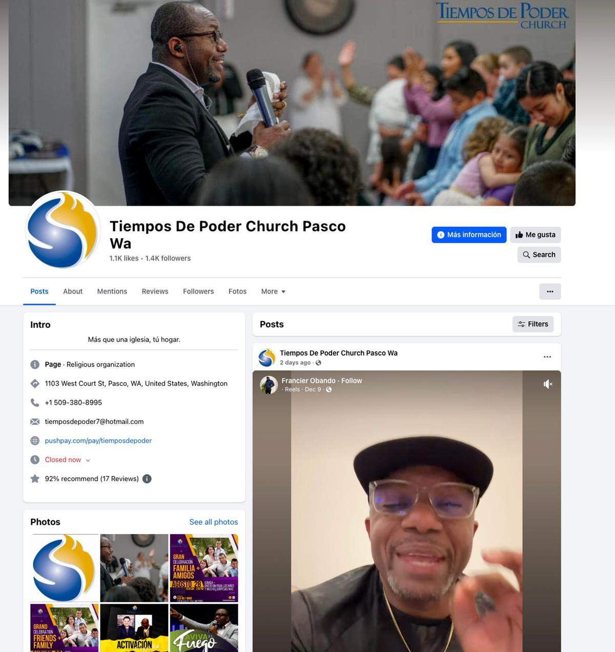 A screenshot of the Tiempos De Poder Church Facebook page that formerly operated in Pasco.