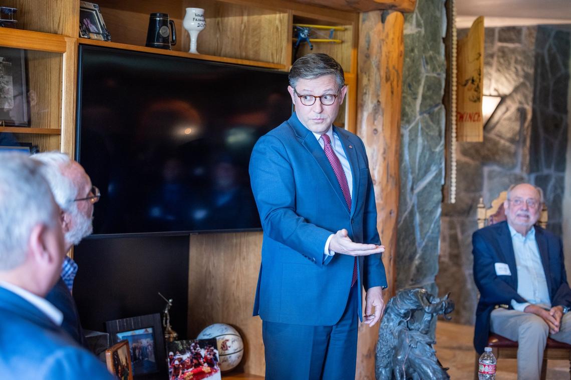 U.S. House Speaker Mike Johnson stumped for Rep. Dan Newhouse, R-Sunnyside, at a private fundraising event in Pasco on Monday.