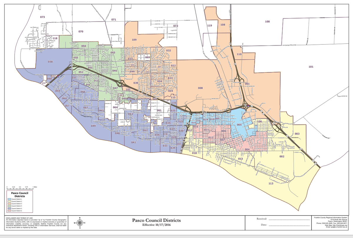 Pasco Councilwoman Nikki Torres represents District 3, shown in beige, but has moved outside city limits, according to her new voter registration address.