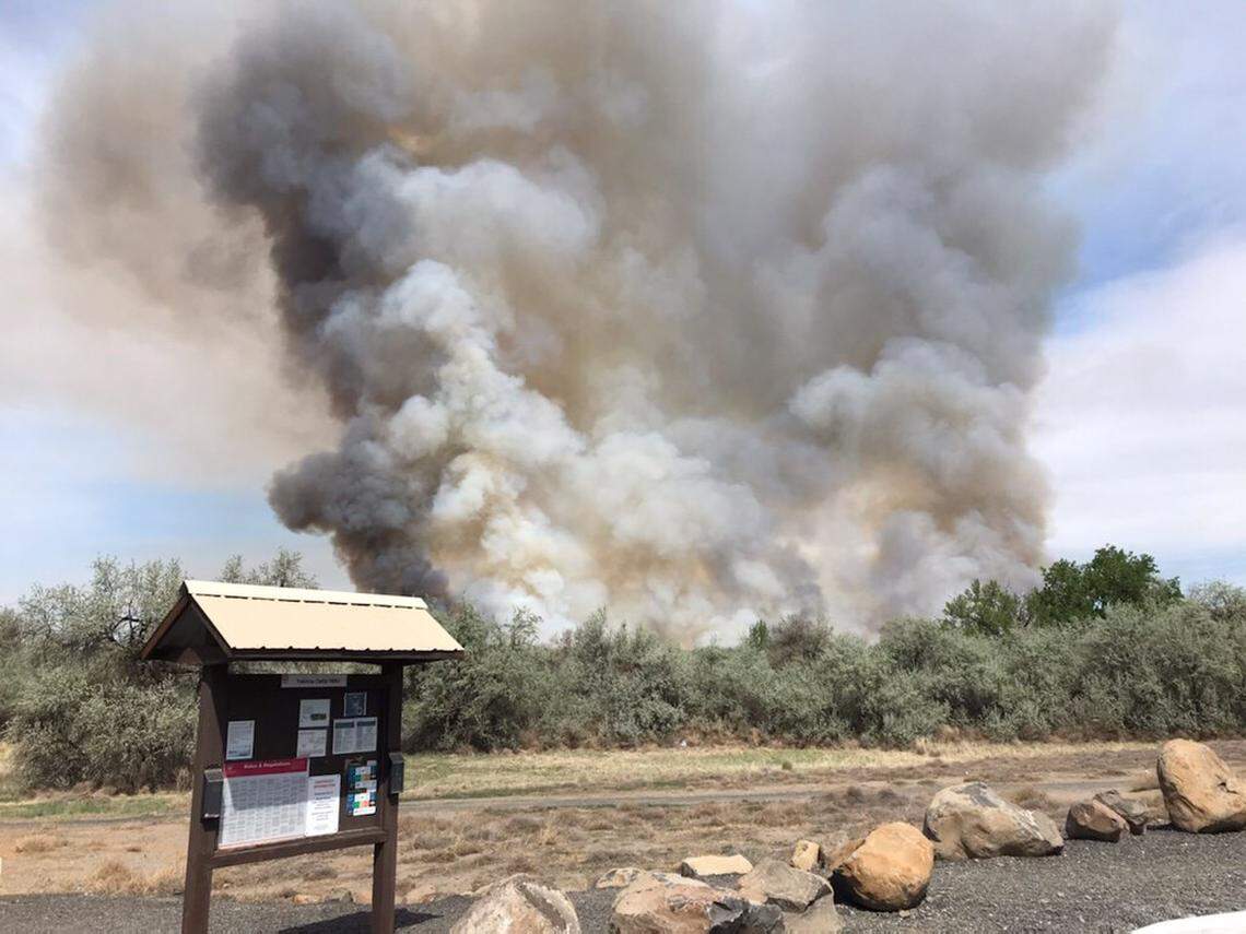 A fire is burning in Russian olive trees and has closed four lanes of Highway 240 because of blowing smoke.