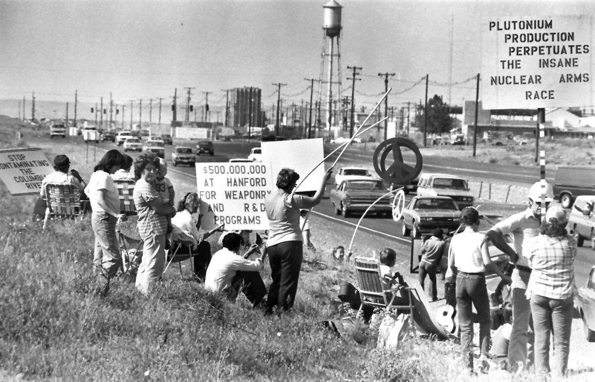 Members and supporters of World Citizens for Peace, a Tri-Cities anti-nuclear weapons group, displayed protest signs in this May 24, 1983, photo. The day-long demonstration was against the fall re-start of the Hanford PUREX Plant.