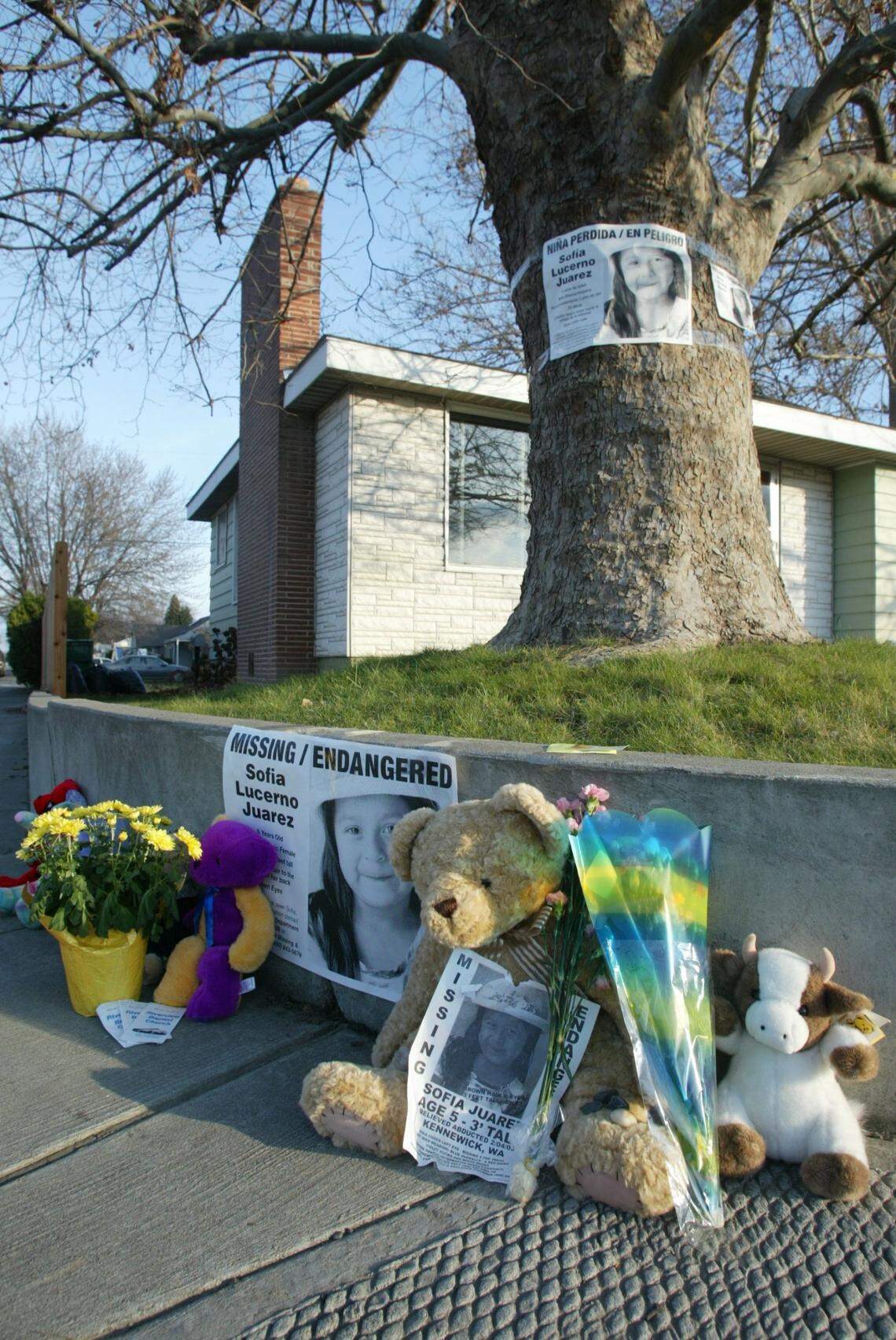 A memorial for missing 4-year-­old Sofia Juarez sits on the corner of East 15th Avenue and Washington Street in Kennewick in 2003.
