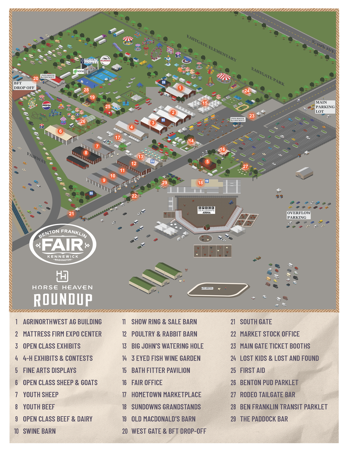 Map of the fairgrounds set up for the Benton Franklin Fair and Rodeo, Aug. 19 through 23, 2025.