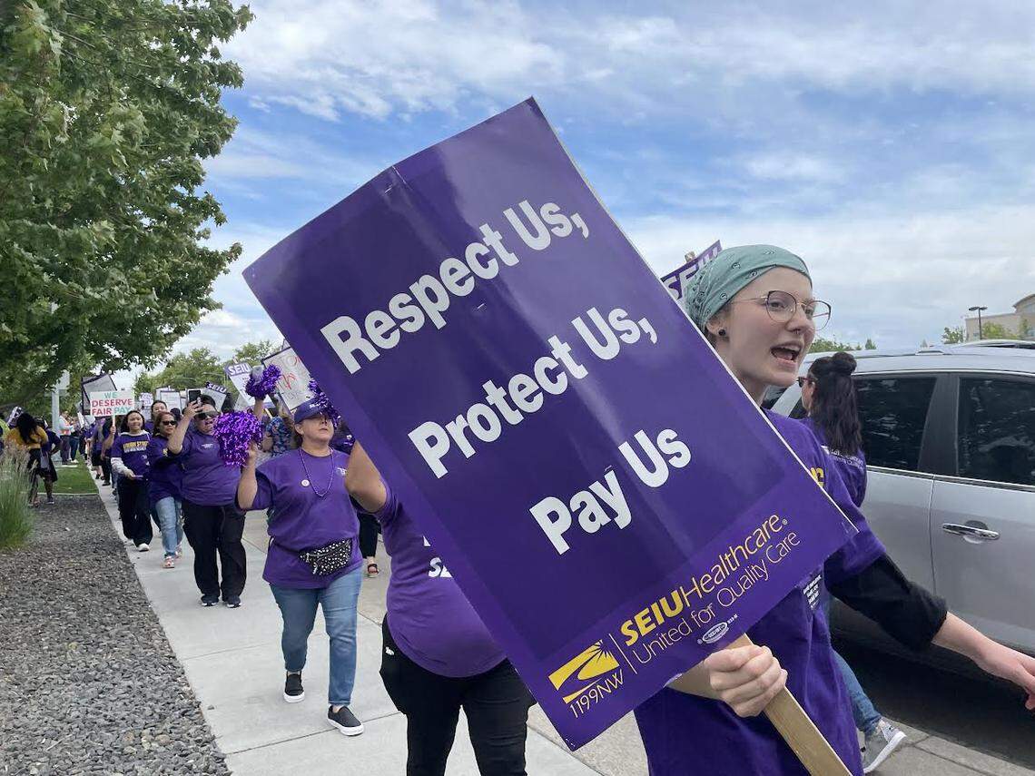 Kadlec Regional Medical Center service and technical workers picketed in front of the Richland hospital Tuesday for better pay. Their SEIU Healthcare 1199NW contract has expired.
