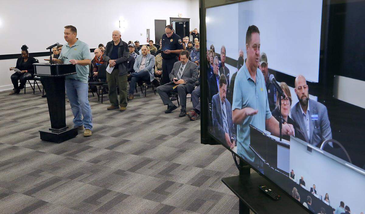 Franklin County farmer Tyler Halliday speaks at Wednesday's Franklin County Commissioner's public input session about the growing death toll and collision rates on Highway 395 in Franklin County near Pasco.  