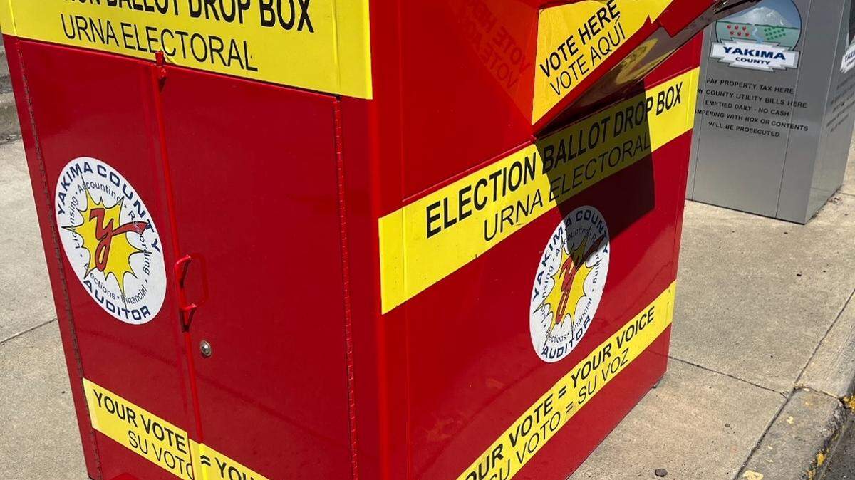 The Yakima County Election Ballot drop box sits across the street from the Yakima County courthouse. Yakima County Elections Division’s motto is “Your vote = your voice”.