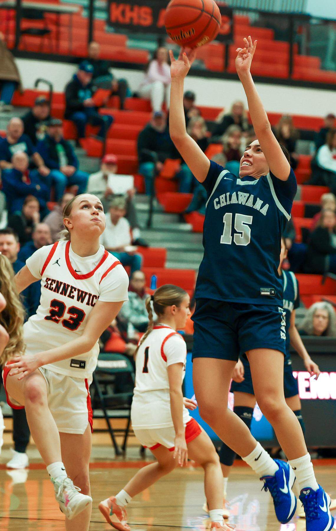 Chiawana’s Maylee Maldonado takes a shot during a game in January against Kennewick High.