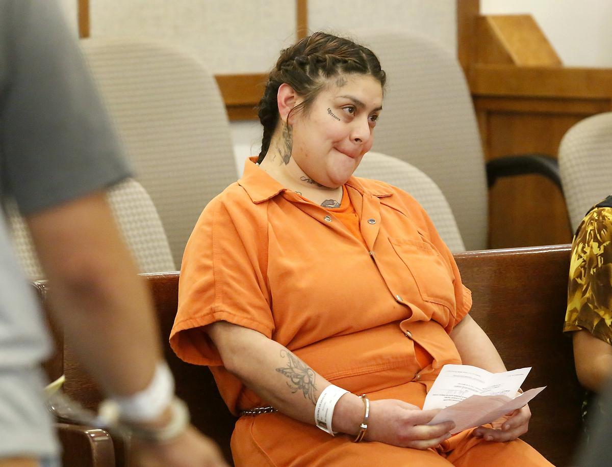 Guadalupe Angelita Sanchez makes her first appearance Monday in Franklin County Superior Court after being booked into jail on suspicion of rendering criminal assistance in connection with the death of Michelle Hudnall.