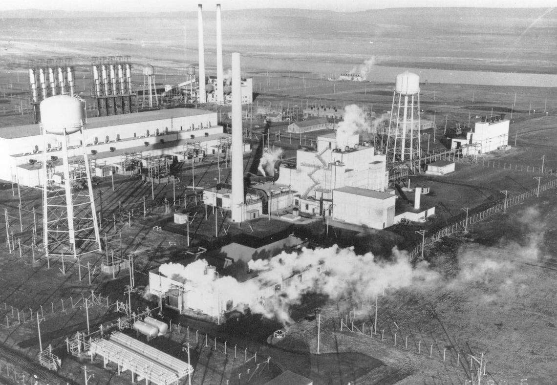 The Hanford nuclear reservation’s B Reactor near Richland is shown in this aerial photo taken 1944-45. Plutonium produced at B Reactor was used in the first atomic bomb detonated during a test in New Mexico and in one of the bombs used to end World War II.