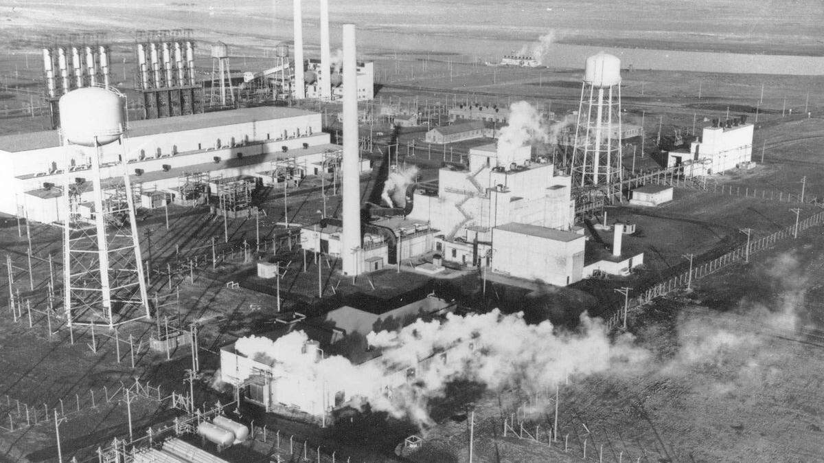 The Hanford nuclear reservation’s B Reactor near Richland is shown in this aerial photo taken 1944-45. Plutonium produced at B Reactor was used in the first atomic bomb detonated during a test in New Mexico and in one of the bombs used to end World War II.