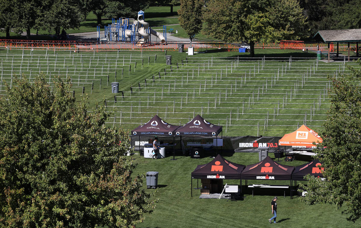 Ironman bike rack and changing stations in the athlete village located at the Columbia Point Marina Park in Richland.
