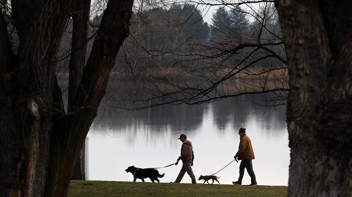 Two pairs of walking partners make their way along the Columbia River on the path through Howard Amon Park on Tuesday in Richland.