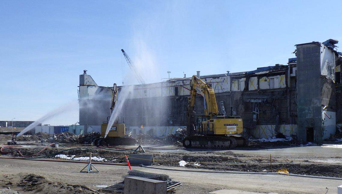 The north side of the Hanford Site Plutonium Finishing Plant had been nearly cleared of demolition debris in March. The debris is packaged and transported to a central Hanford lined landfill.