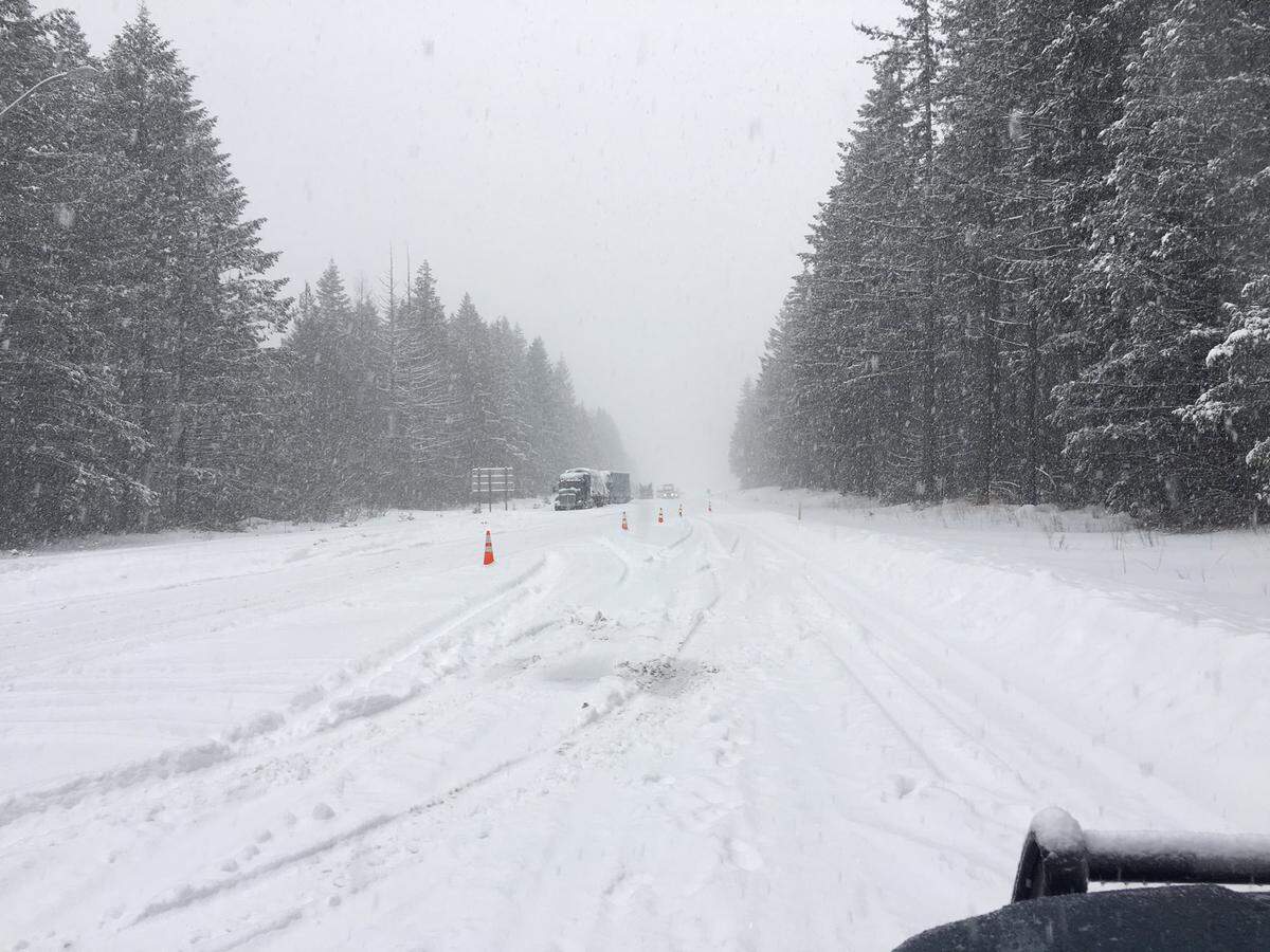 Here’s what Interstate 90 looked like Tuesday morning at milepost 34 with snow continuing to fall.