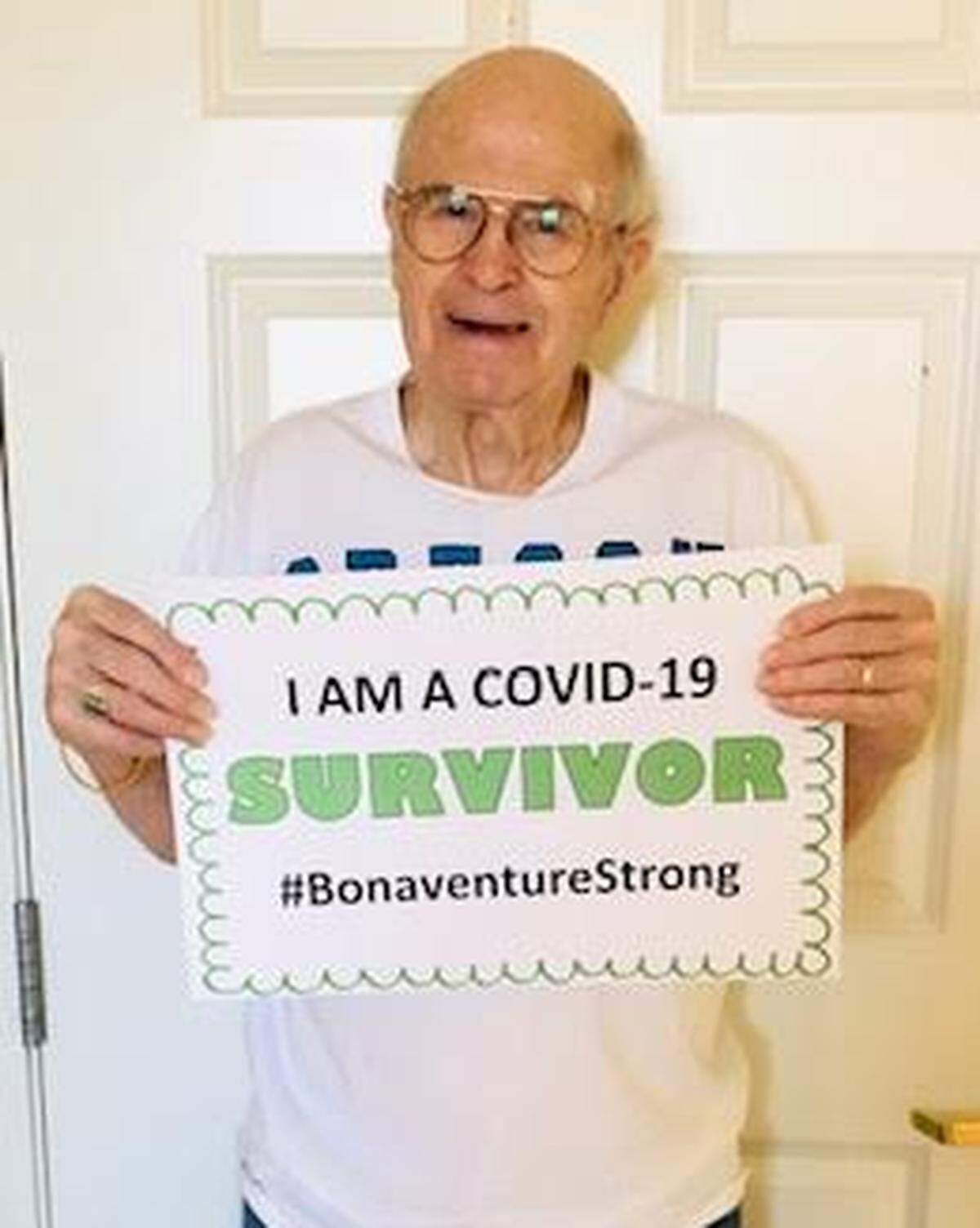 Jay Potter, who lives at Bonaventure Senior Living in Richland, celebrates surviving COVID-19.