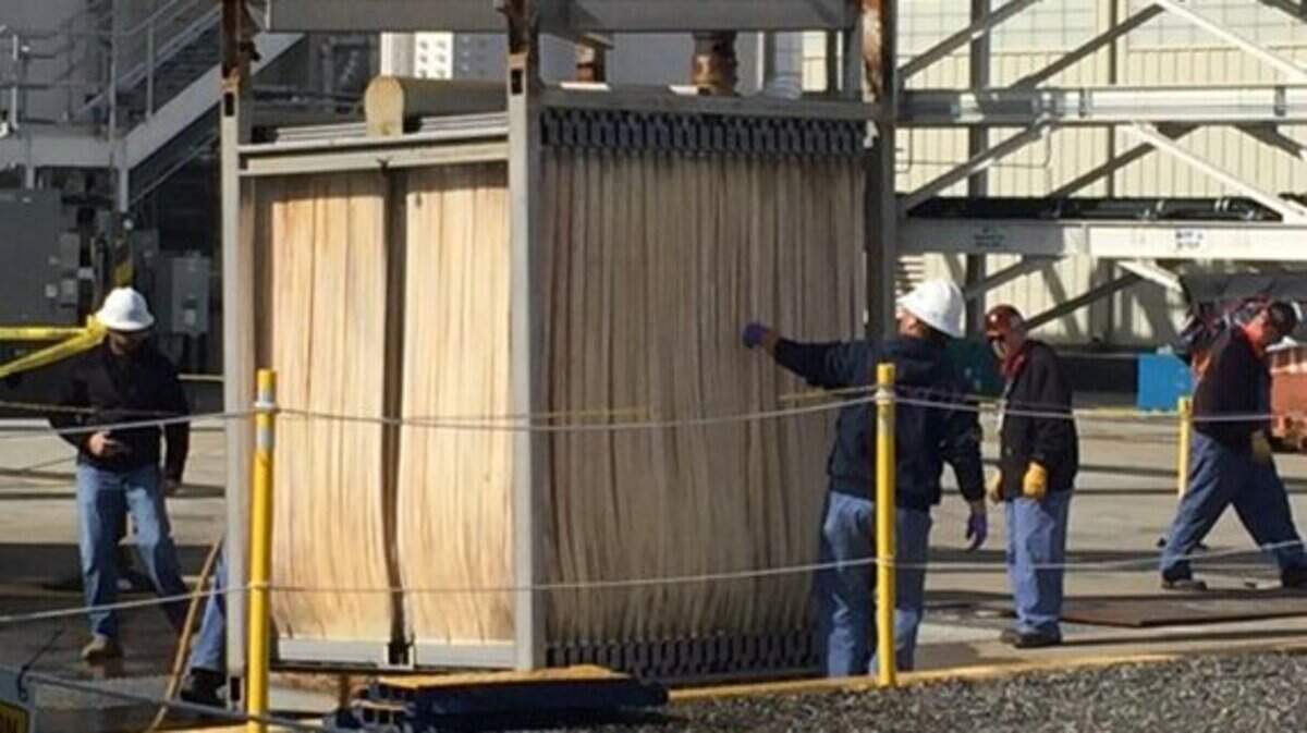 During the past 12 months, groundwater treatment workers on the Hanford nuclear reservation replaced filters, like this one, with newer and more efficient ones for cleaning contaminated groundwater.