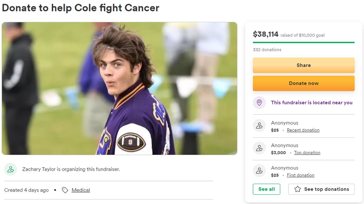 Thousands of dollars have been donated already by friends and others to a GoFundMe account started to help Cole Mullins, Hanford High School’s senior quarterback, after his recent diagnosis.