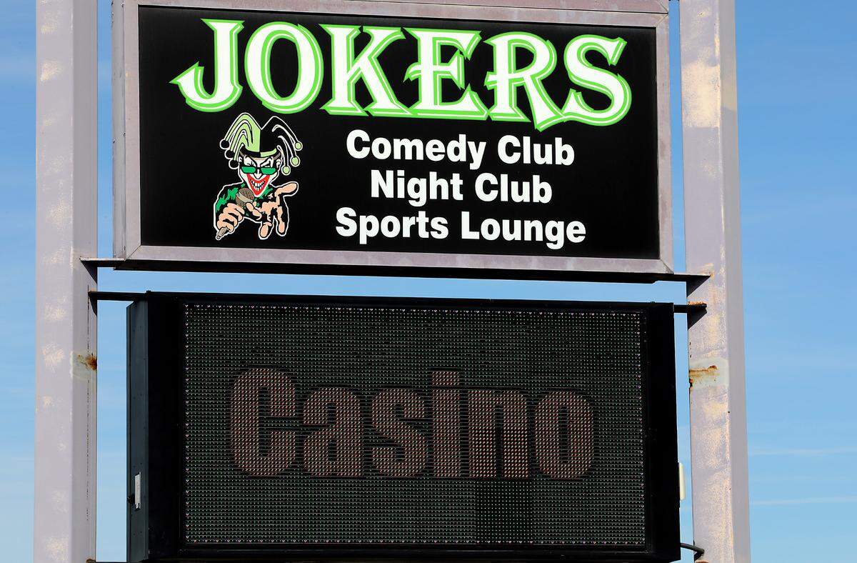 The sign for the Jokers Casino & Nightclub building at 624 Wellsian Way in Richland.