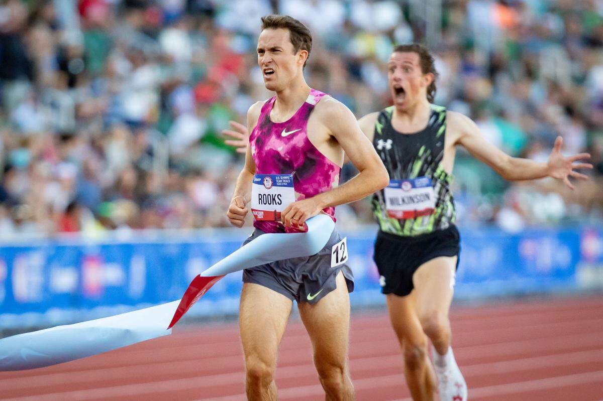 Kenneth Rooks wins the men's 3,000 meter steeplechase during day three of the U.S. Olympic Track & Field Trials Sunday, June 23, 2024, at Hayward Field in Eugene, Ore.
