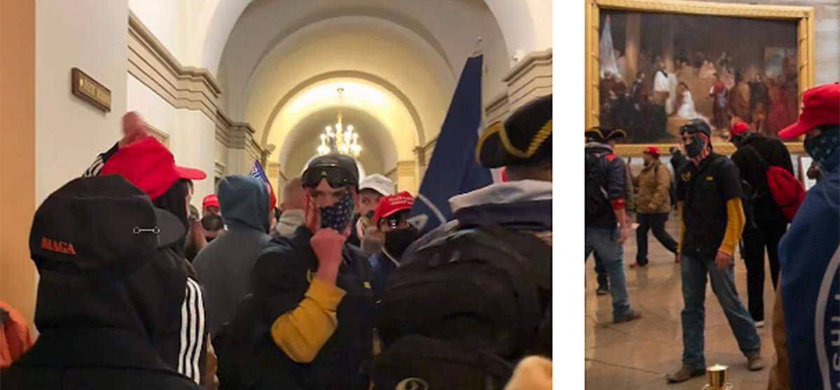 Jonathanpeter Klein, wearing goggles and flag neck gaiter, had made his way from the Senate side of the Capitol, through a line of law enforcement officers in the Capitol’s Crypt, to the House of Representatives side by approximately 2:29 p.m. Jan. 6, 2021, according to the FBI. He then proceeded up a flight of stairs to the Capitol’s Rotunda.