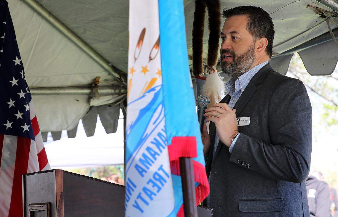 Richland Mayor Pro Tem Shayne VanDyke  speaks during Friday morning's  gathering along the Columbia River in Richland to celebrate the reconnection of the Yakima River Delta at Chamna.
