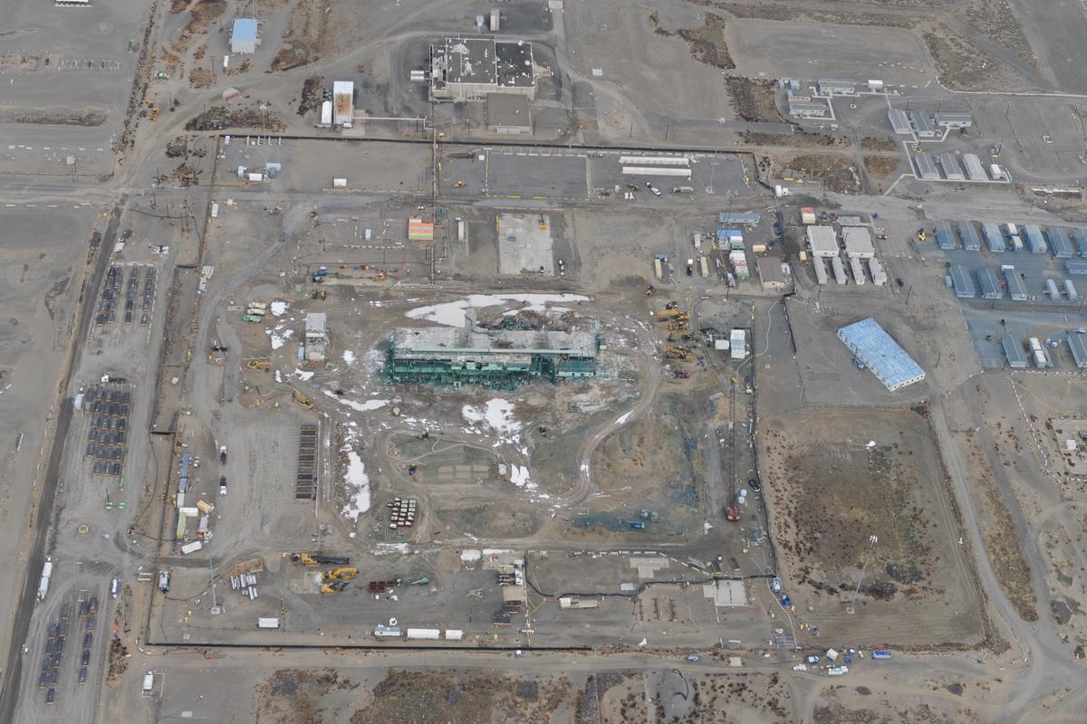 The Plutonium Finishing Plant at Hanford is shown after demolition debris had been loaded out on the south side of the plant over the winter.