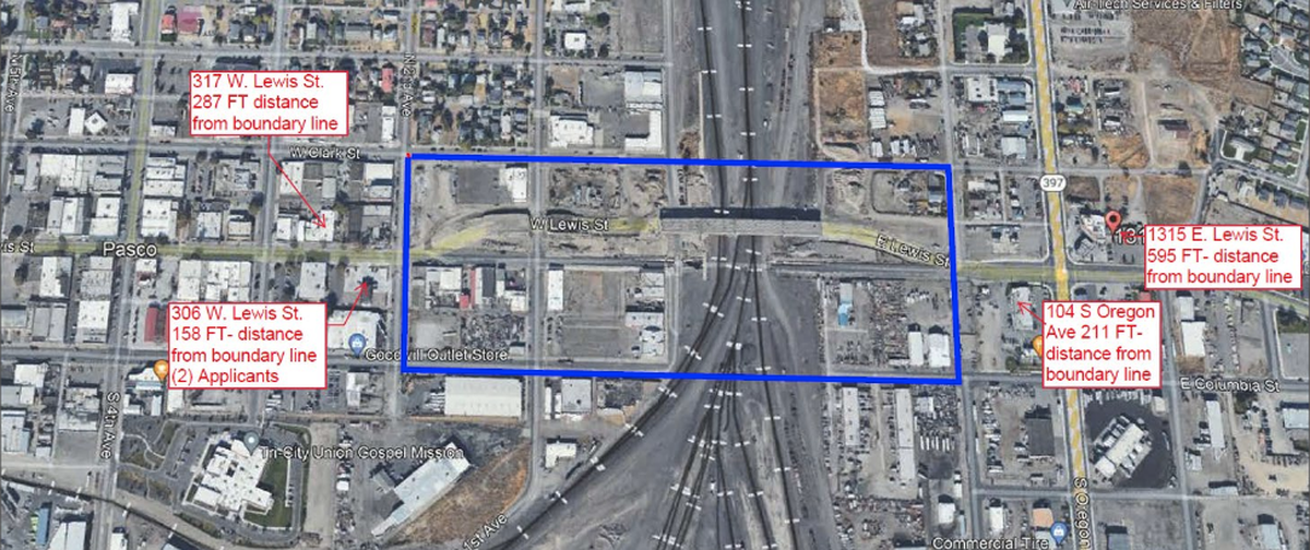 This map shows the original geographic boundary lined in blue with markers showing the locations of the five denied businesses.