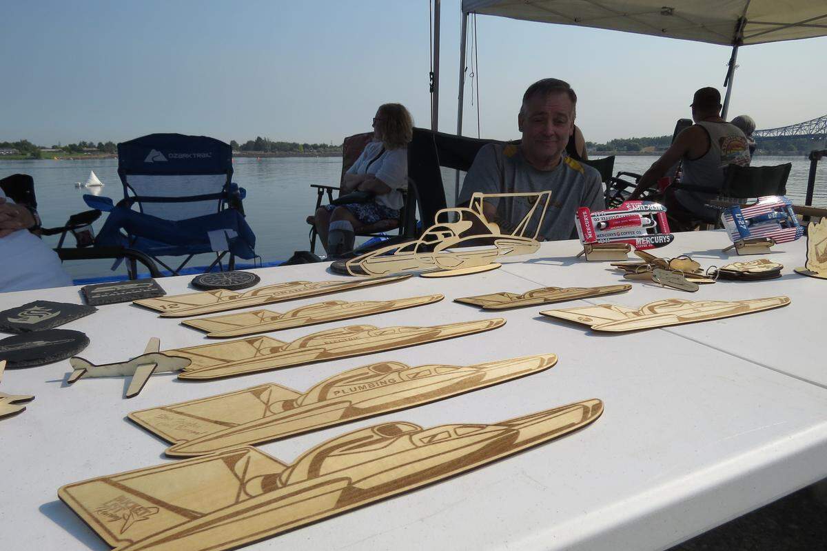 Brian Lepinski made several wooden cutouts of boats to sell at the Tri-City Water Follies.