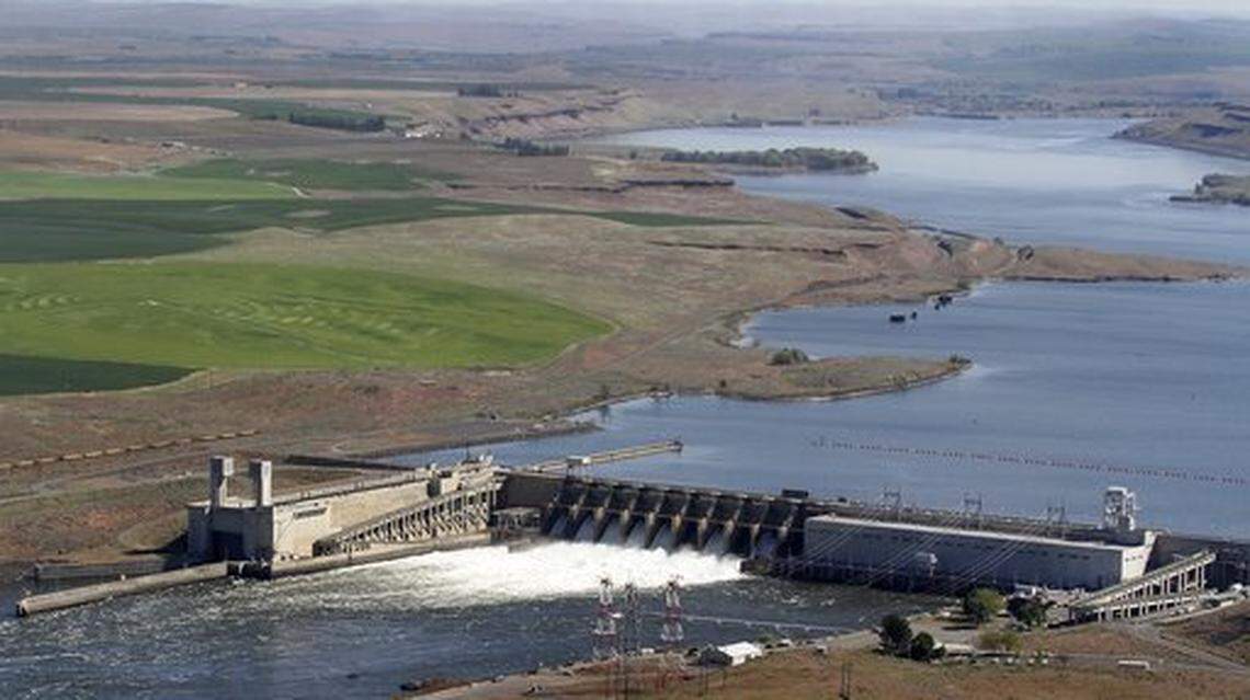 The Ice Harbor Dam on the Snake River is seen from the air near Pasco, Washington.