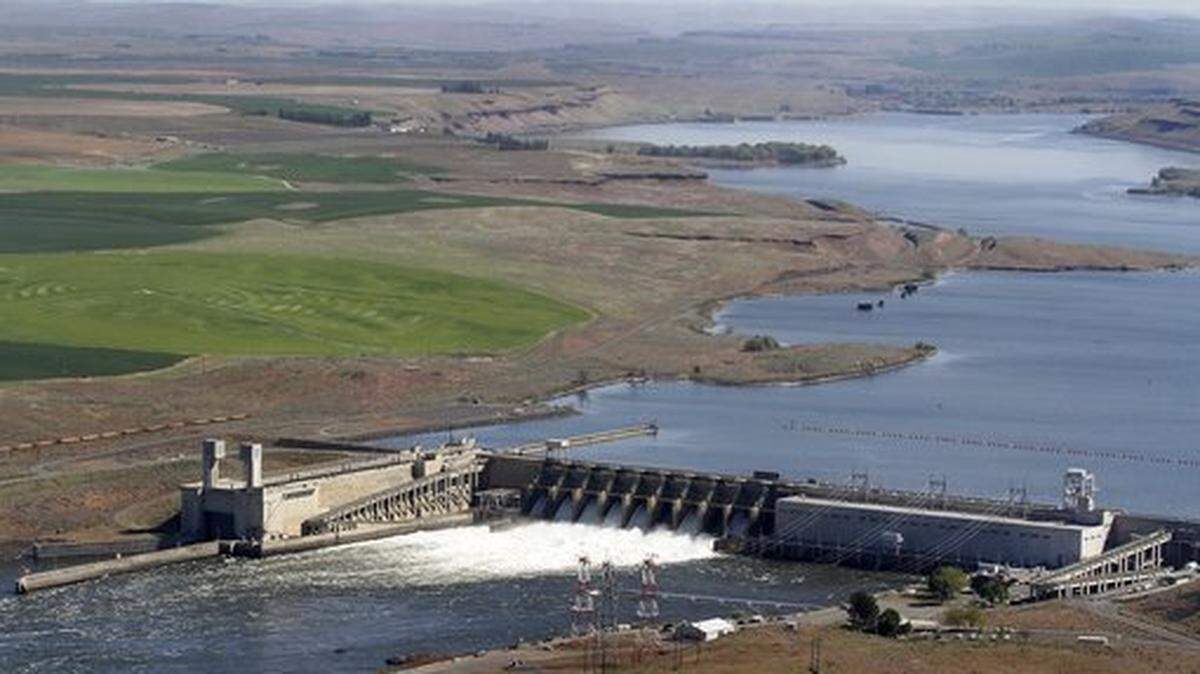 Ice Harbor Dam on the Snake River, seen from the air near Pasco, Wash.