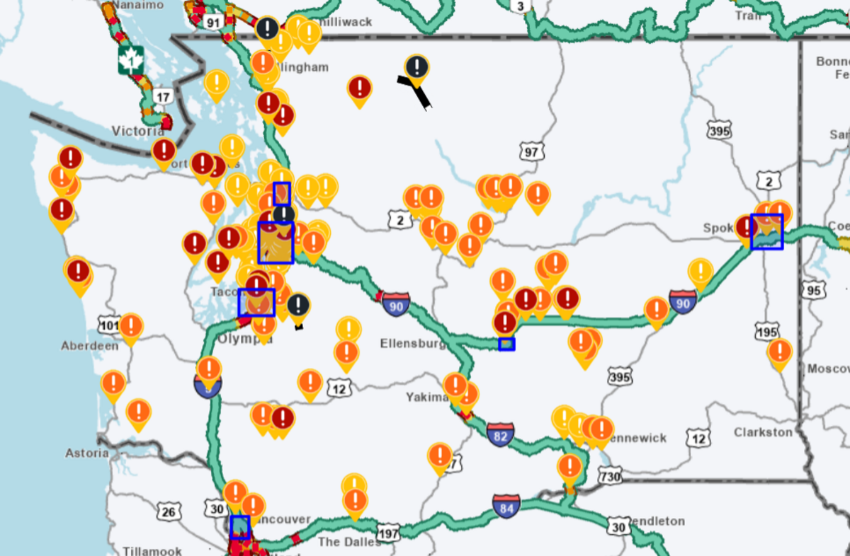 Screenshot of the WSDOT Real-Time Travel Map taken on Friday, June 12. The map shows traffic alerts and closures across the state, and can be toggled to also display mountain pass reports, travel times, fires, rest areas and more.