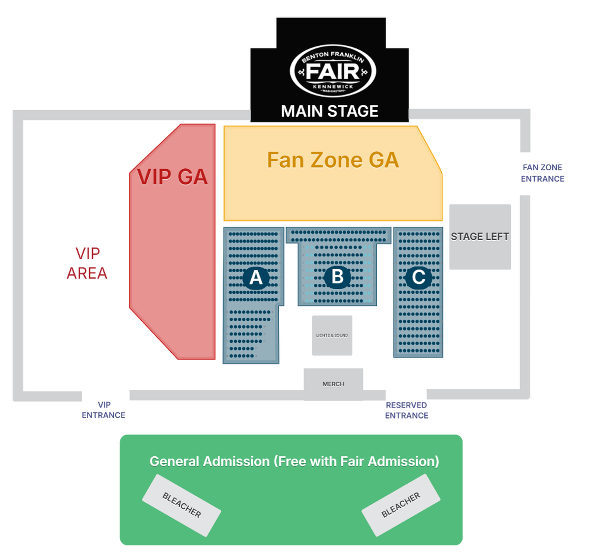 The ICCU Main Stage map for the Hayden Homes Summer Concert Series at the Benton Franklin Fair.