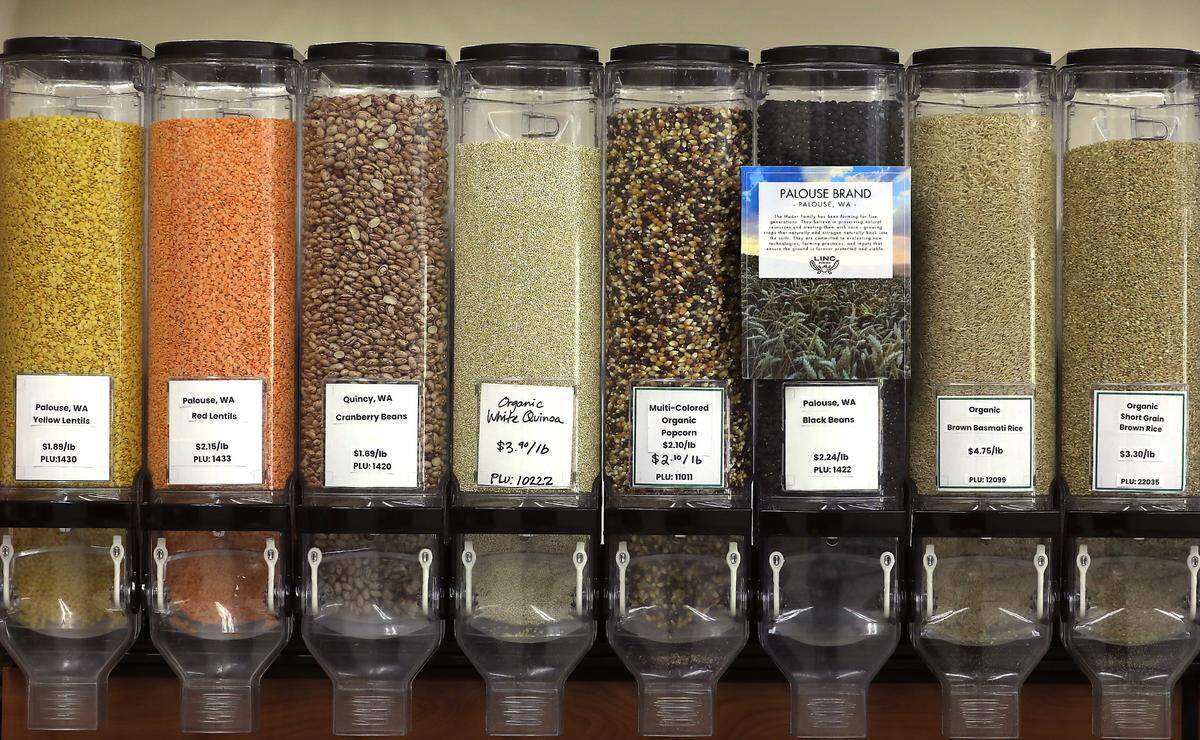A variety of colorful dry organic foods are displayed in bulk food dispensors at the Tri-Cities Food Co-Op at 1420 Jadwin Ave. in Richland.