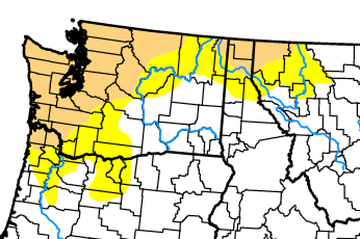 The U.S. Drought Monitor shows some areas of Washington state in yellow as abnormally dry and some areas in tan for moderate drought conditions as of May 30. White areas are normal.