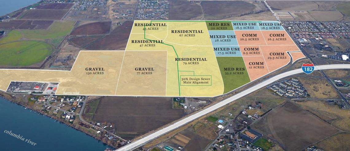 A master-planned community on 700 acres off Broadmoor Boulevard and Interstate 182 in Pasco. A land survey on the land owned by Dale Adams of Broadmoor Properties was recently completed as was assignment of parcels by the city’s planning department. When built up, the area will have a low-, medium- and high-density housing as well as commercial, retail and mixed use zoning.
