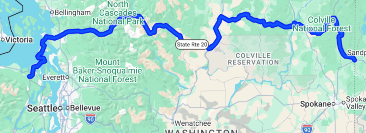 Washington state’s longest highway, State Route 20, as seen on Google Maps.