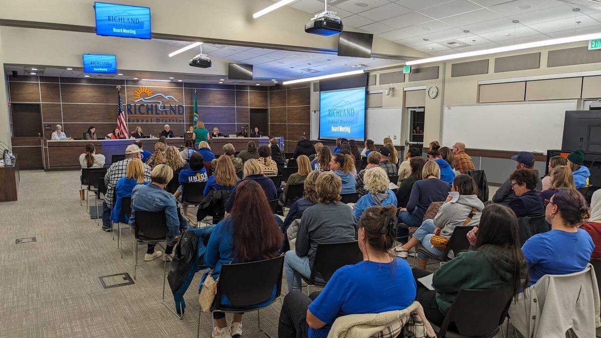 Paraeducators packed the Nov. 12, 2024, meeting of the Richland School Board to protest an initial plan to cut 34 positions. Superintendent Shelley Redinger apologized, calling it “too hasty, too quick.”