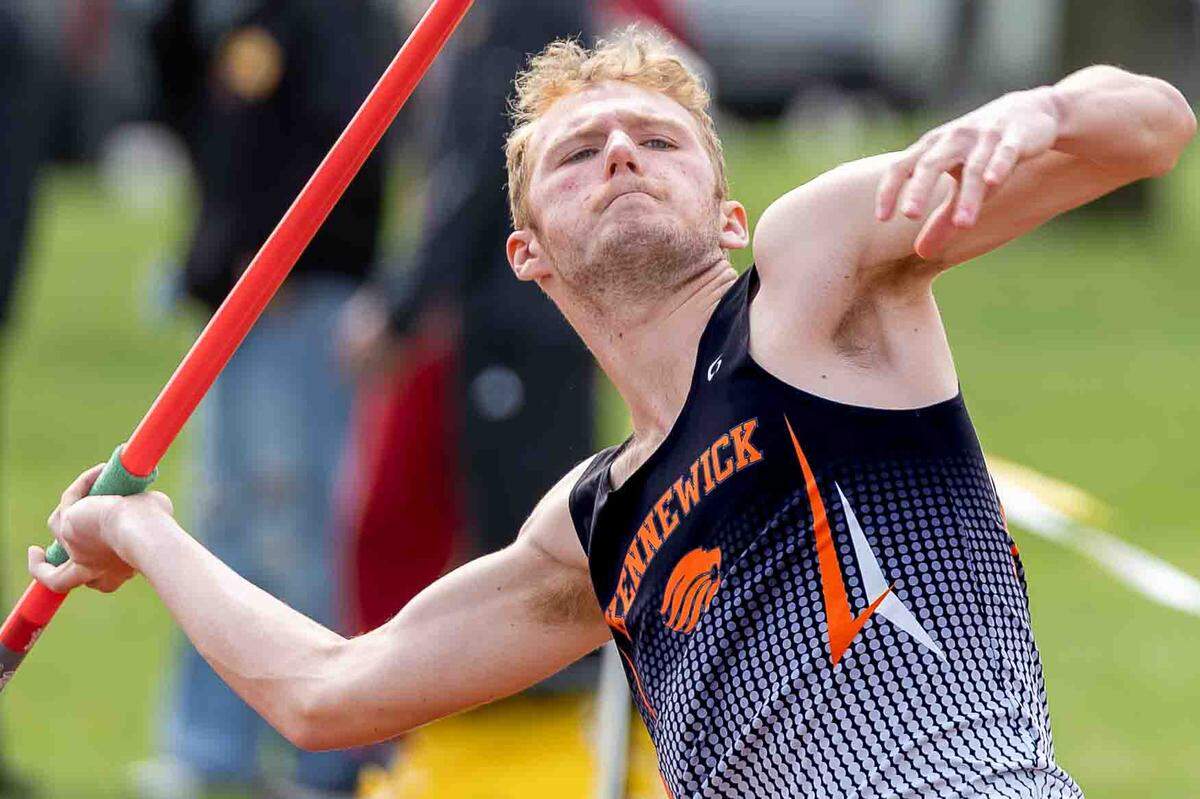 A Kennewick High School athlete competes in javelin at the Clay Lewis Invite on March 28.