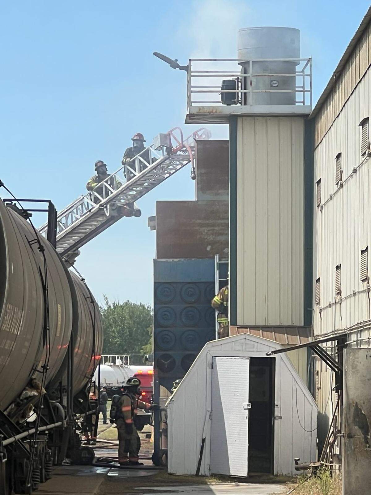 Benton County firefighters responded to Greenbrier Rail Services in Finley after a fire started in a bin where sandblasting material is collected.