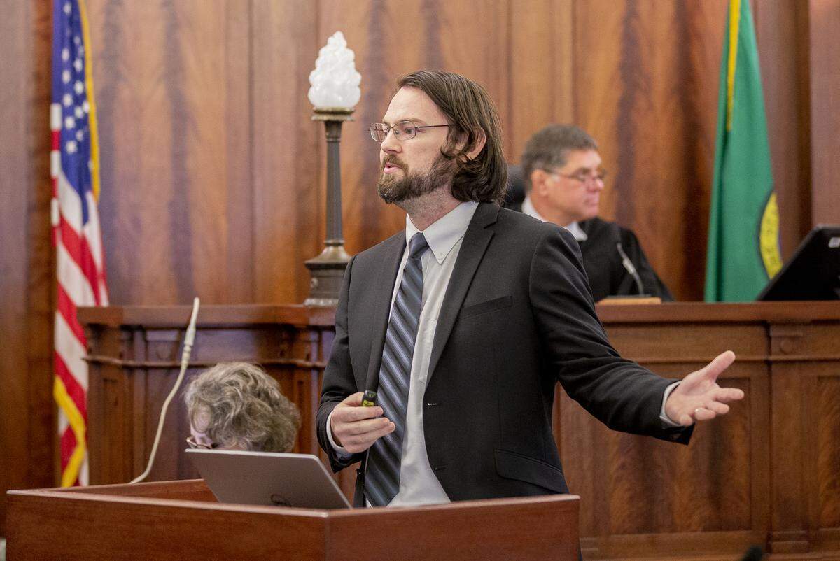 Defense attorney Daniel Stovern talks to the jury during closing arguments for the double-murder trial of Hector Orozco Jr. on Wednesday at Franklin County Superior Court in Pasco.