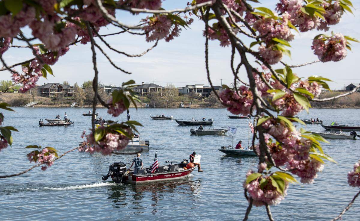 Boaters demonstrate against a measure set by the Washington Department of Fish and Wildlife that prohibits recreational fishing during the coronavirus outbreak near Columbia Point Park Marina in Richland on Saturday.